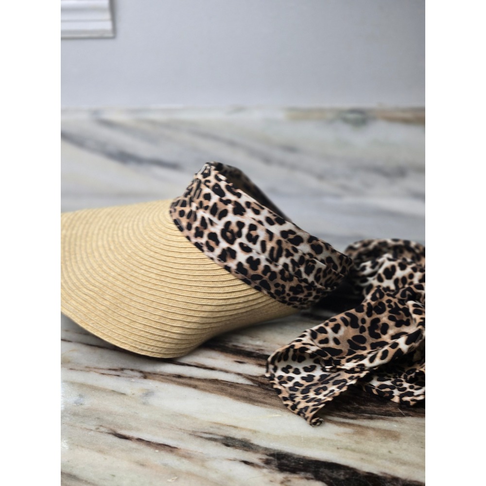 August Hat Company Leopard Print Scarf Tie Straw Visor Tan Brown RN 67508 - Picture 2 of 8